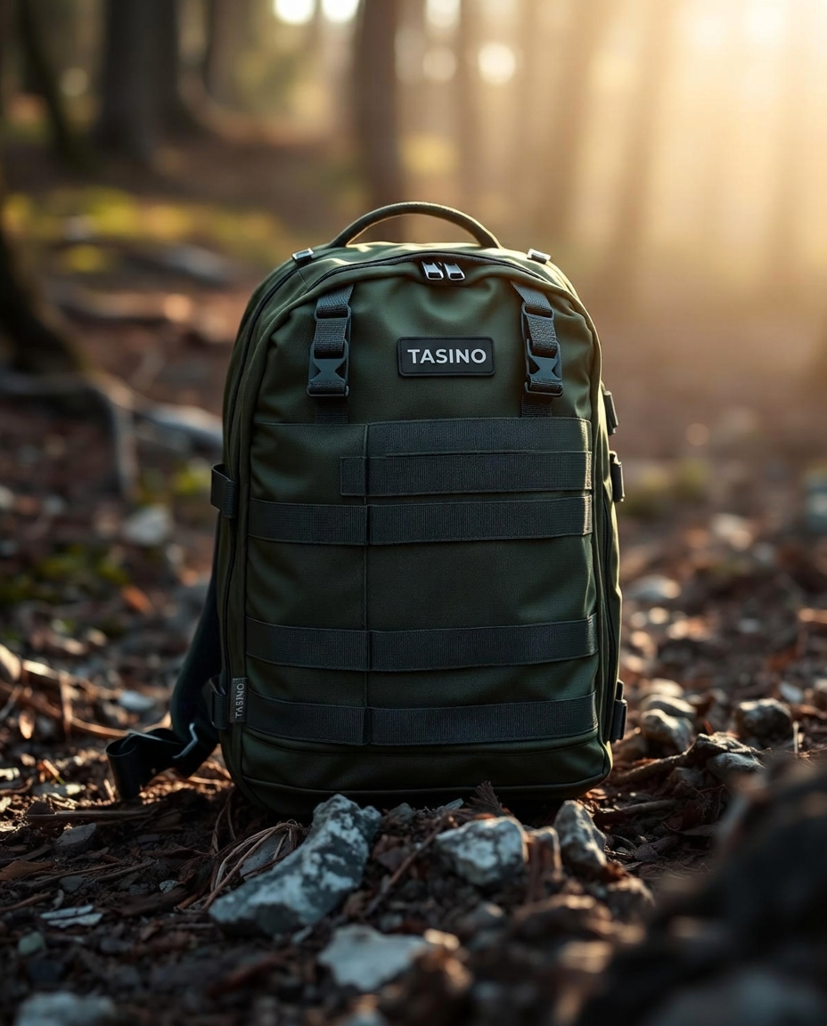 Olive-green tactical backpack standing on woodland terrain