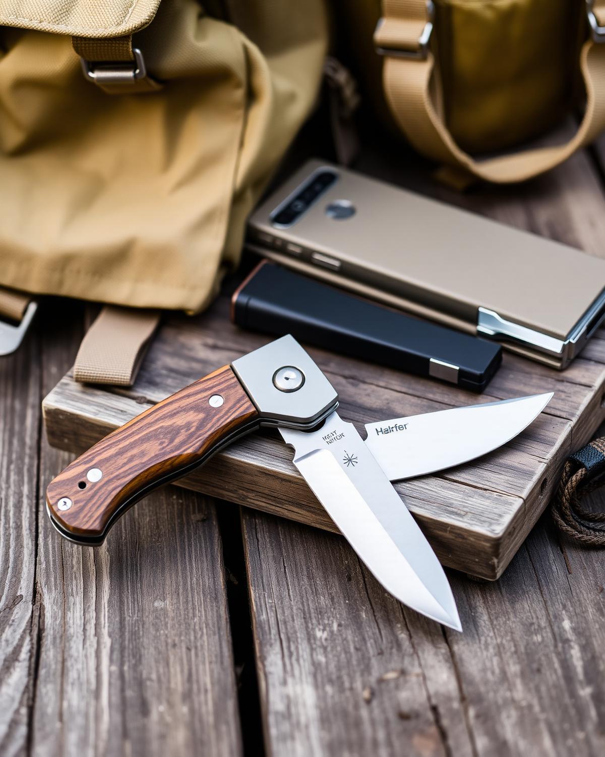 Outdoor field knife and tools laid out on a wooden equipment table