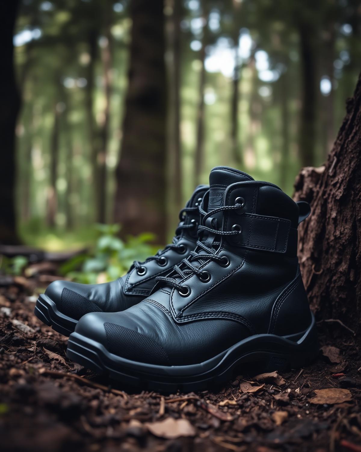 Black professional duty boots on forest ground