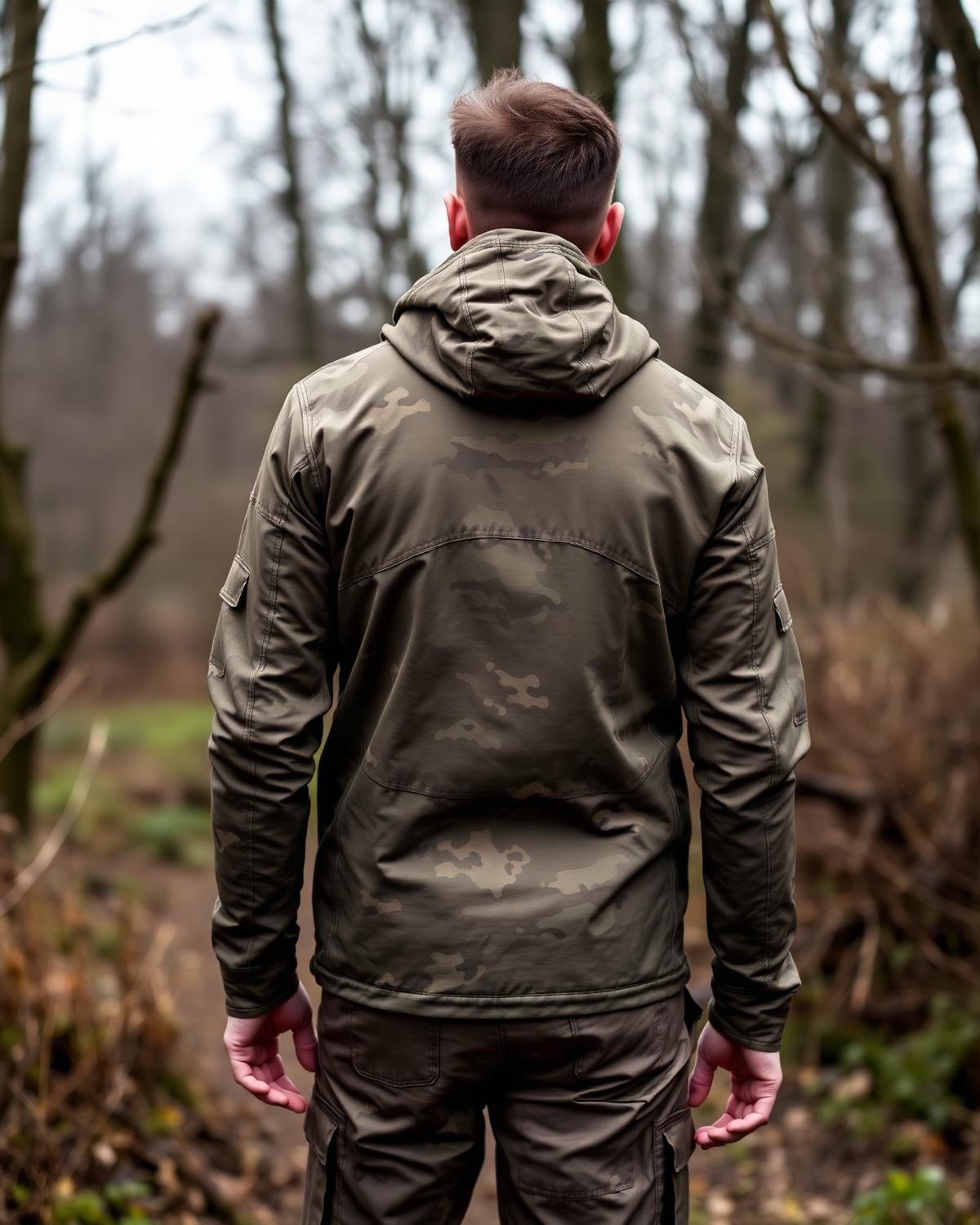 Camouflage hunting field jacket and trousers worn in British woodland