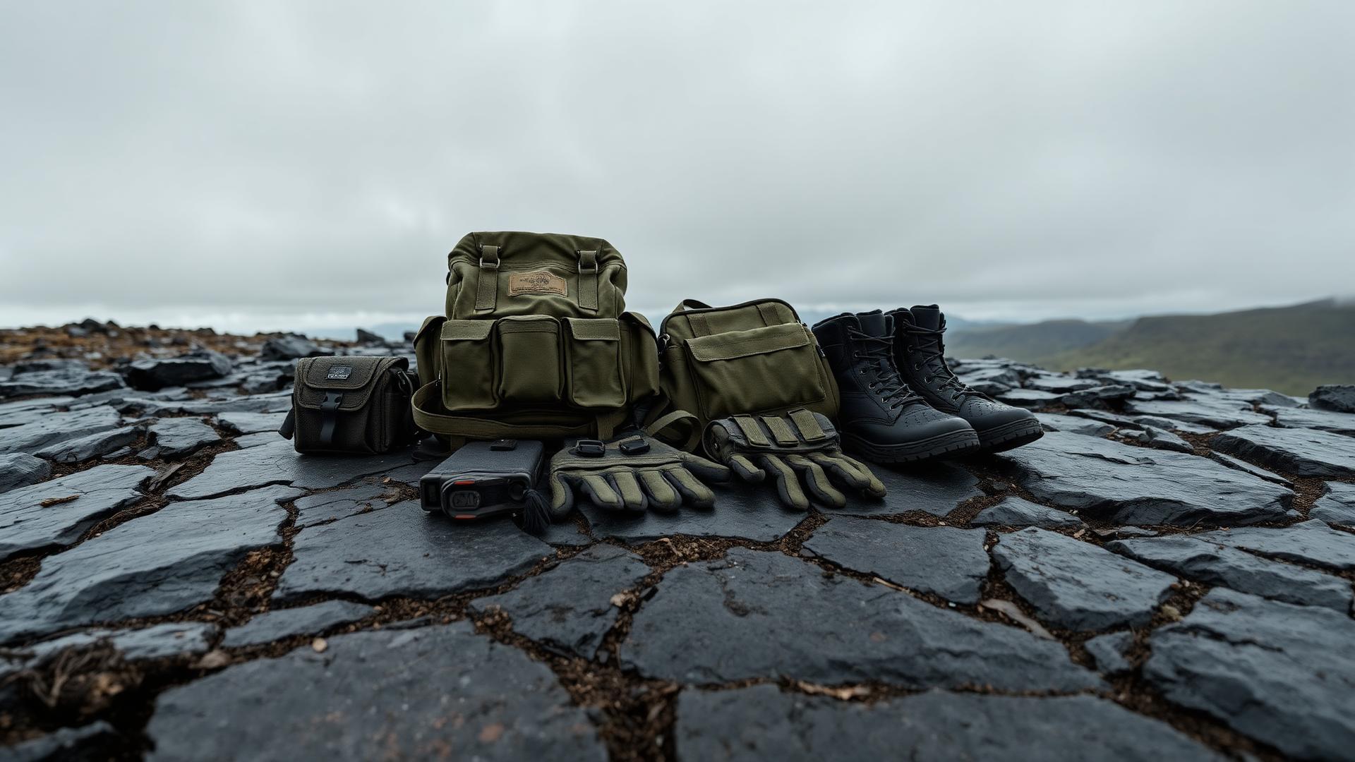 Professional outdoor and tactical equipment arranged on upland rock