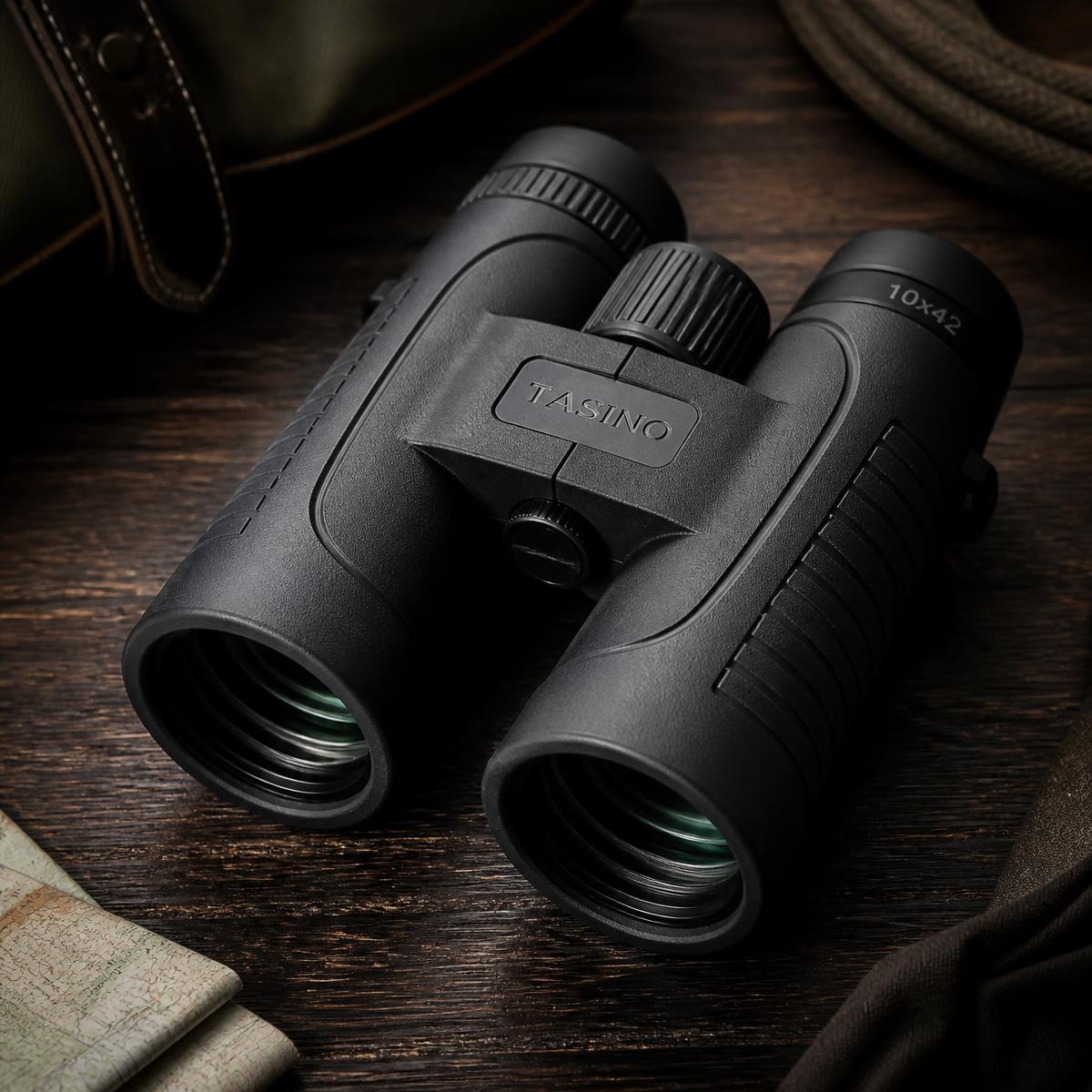 Black TASINO 10x42 binoculars on a dark wooden table