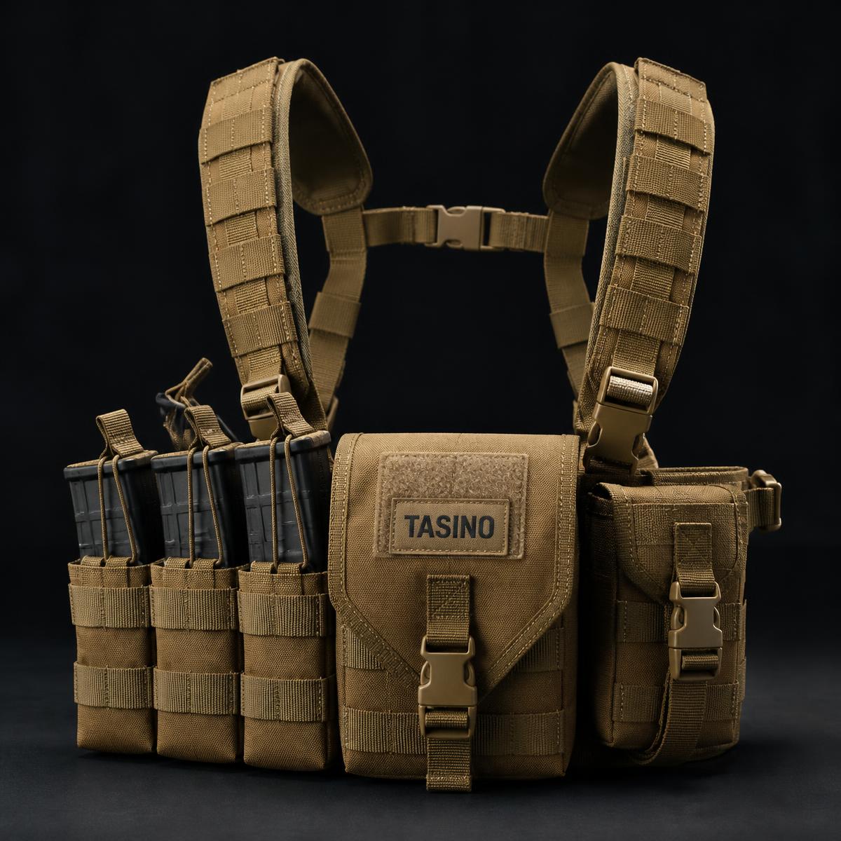 Coyote-brown TASINO modular chest rig with webbing pouches on a dark background