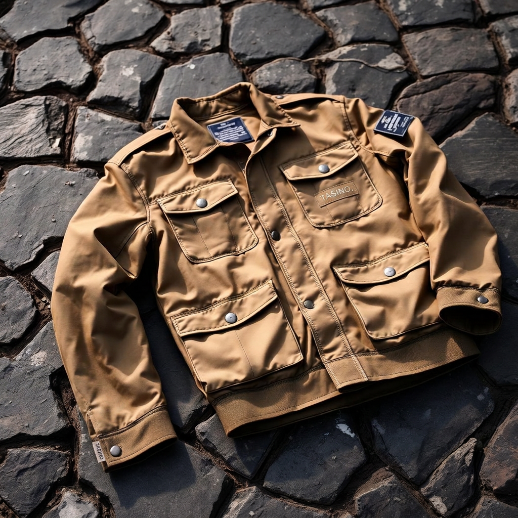 Camouflage tactical field jacket photographed on a dark stone surface