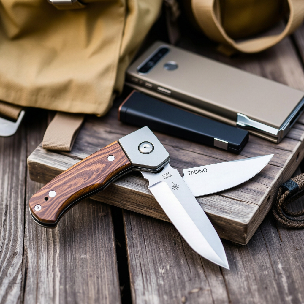 Professional outdoor field knife with sheath on a wooden surface