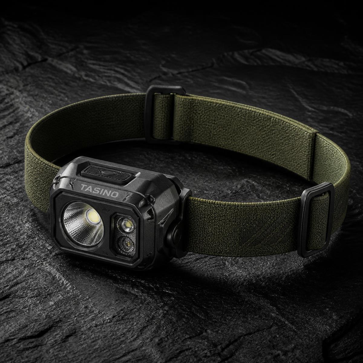 TASINO rechargeable LED head torch with olive band on dark slate