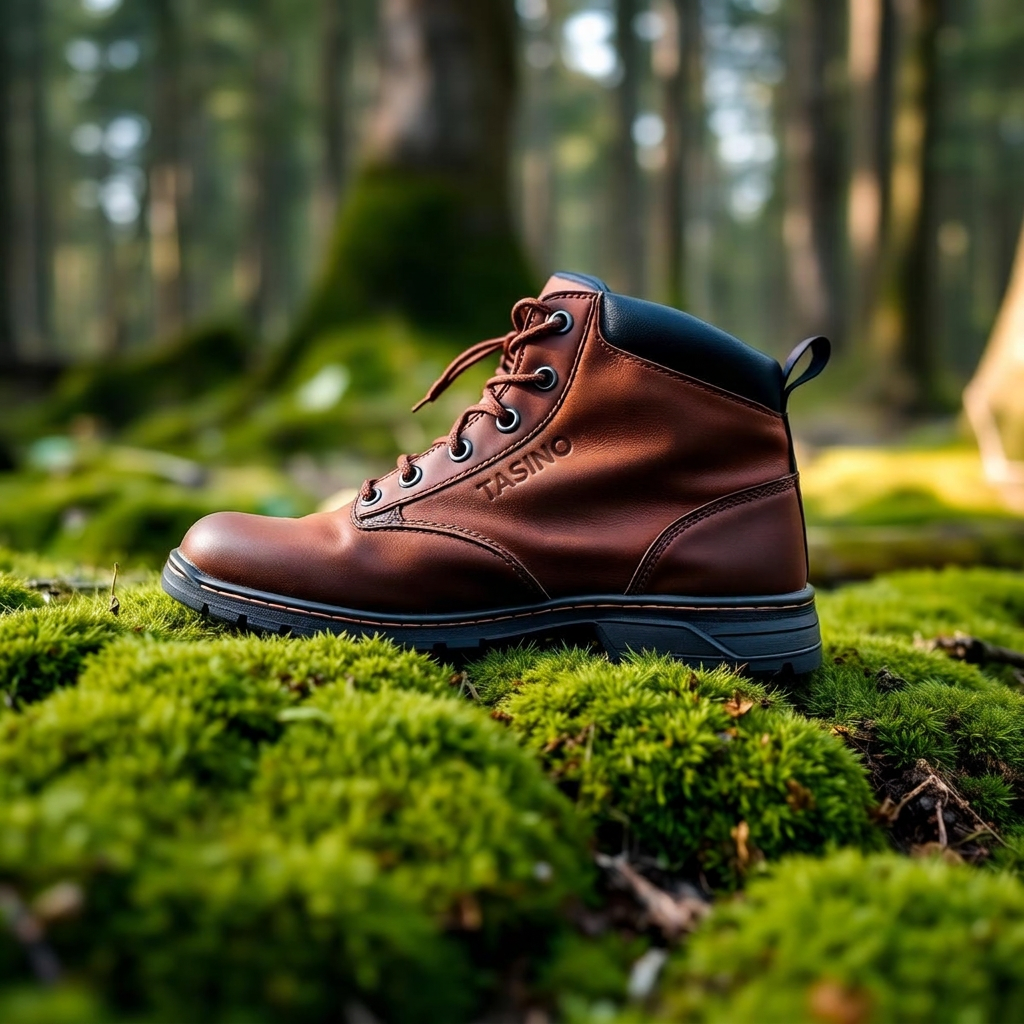 Brown leather hunting boot on mossy forest floor