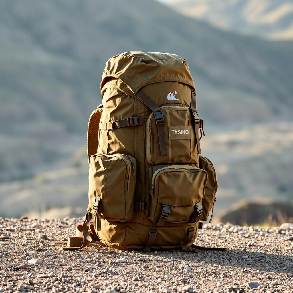 Khaki modular outdoor expedition backpack on gravel terrain