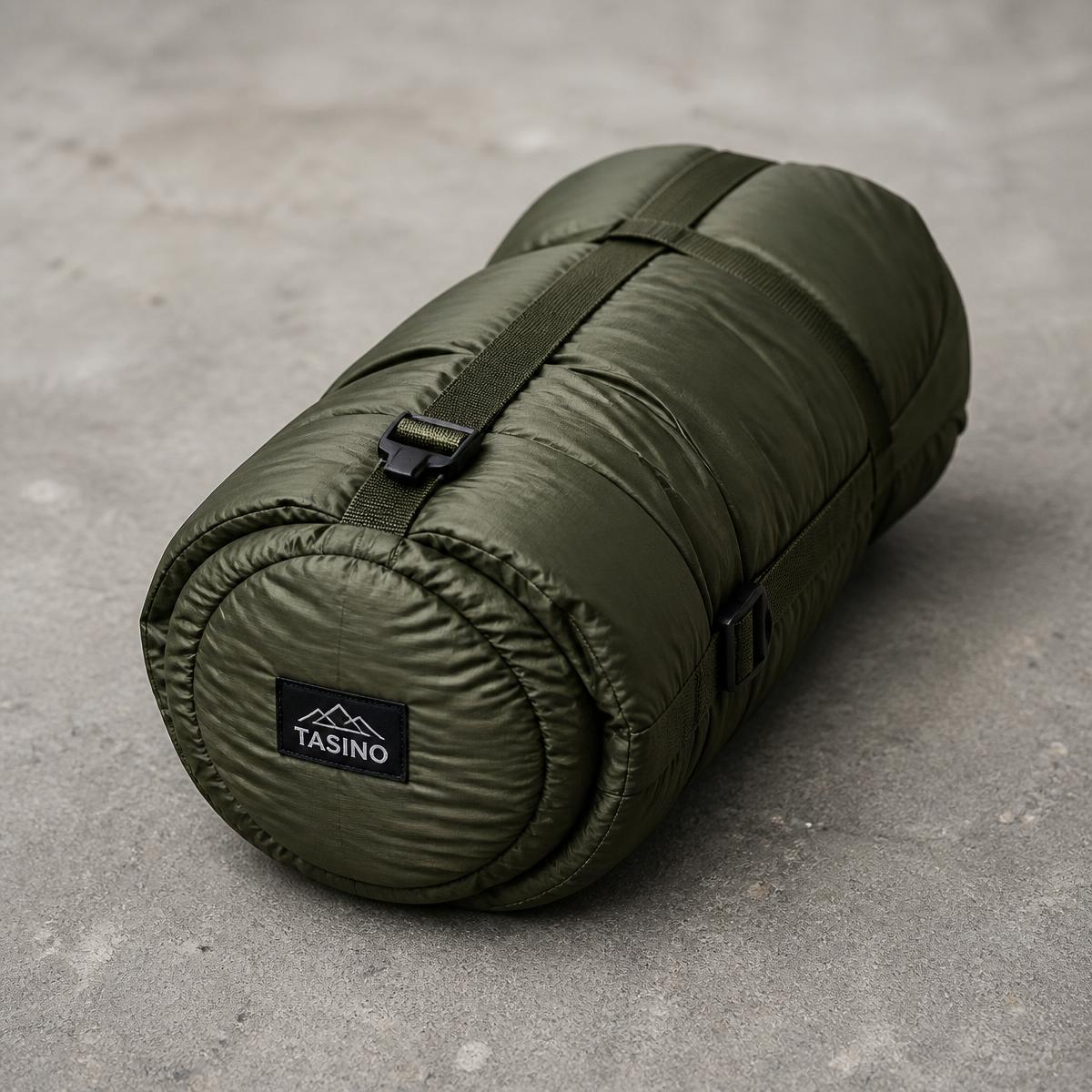 Dark olive TASINO sleeping bag rolled in its compression sack on concrete