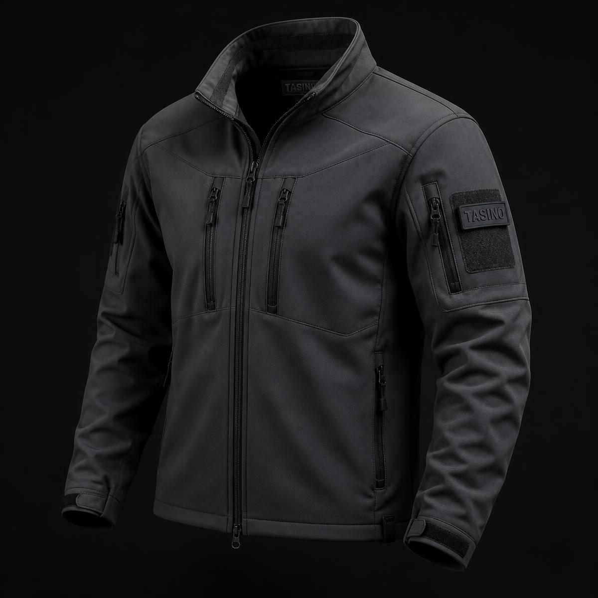 Black TASINO tactical softshell jacket on a dark studio background