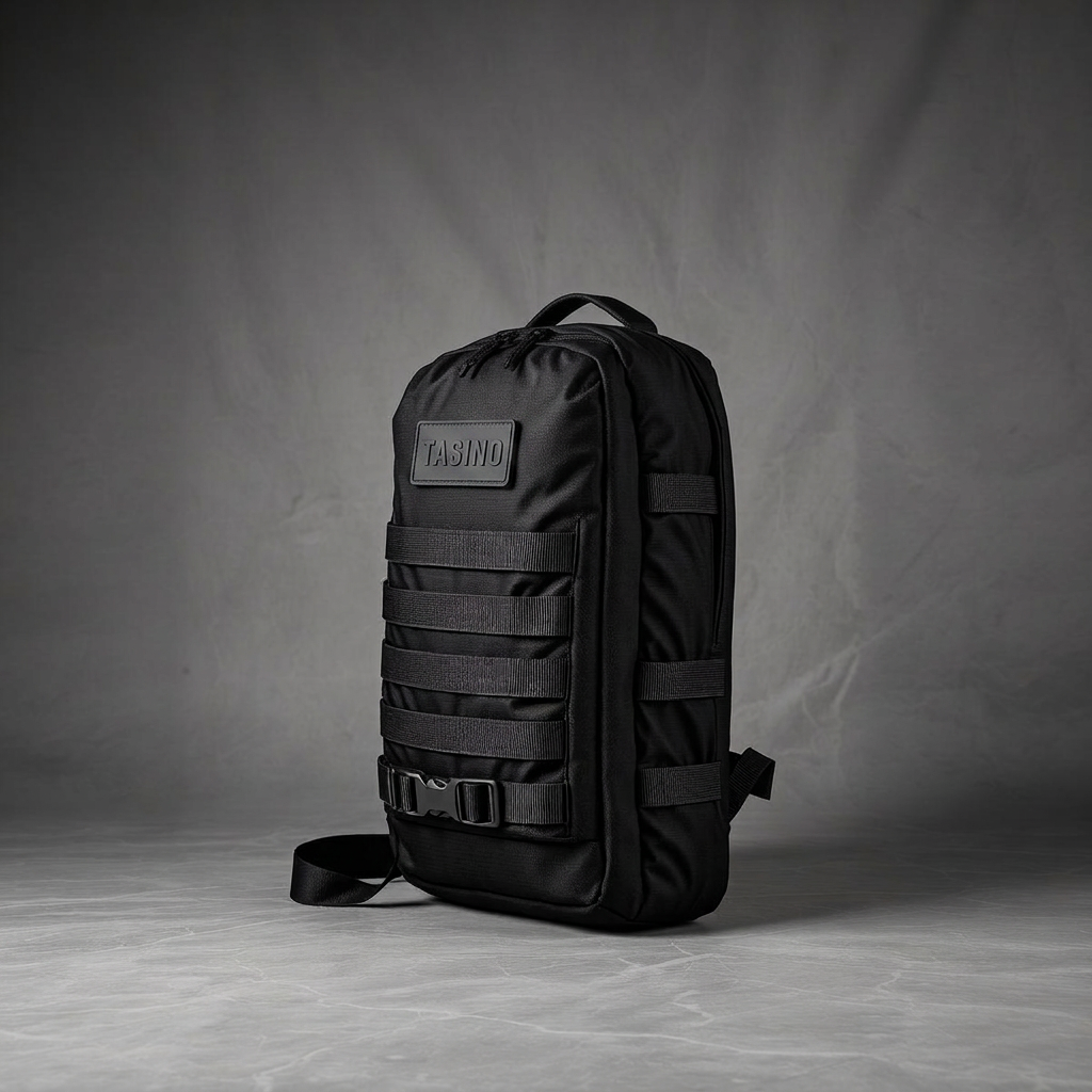 Black 30 litre tactical backpack on a neutral studio background