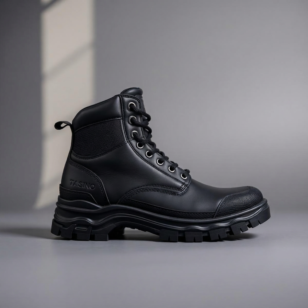 Black professional tactical boot photographed in studio light