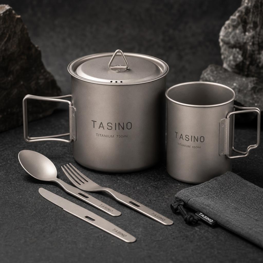 Titanium camping cook set with nesting pot, mug and cutlery marked TASINO