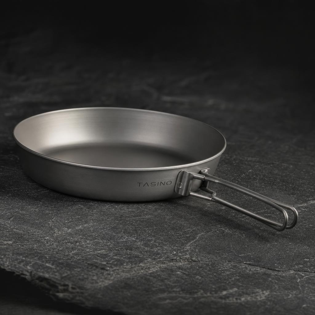 Titanium outdoor frying pan with folding handle and TASINO laser marking