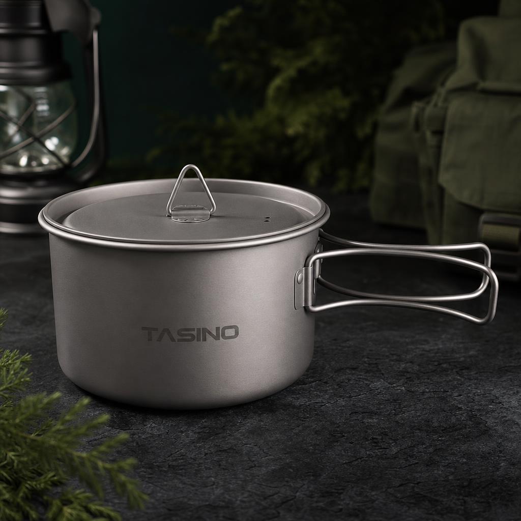 Pure titanium outdoor camping pot with folding handles and TASINO etched marking